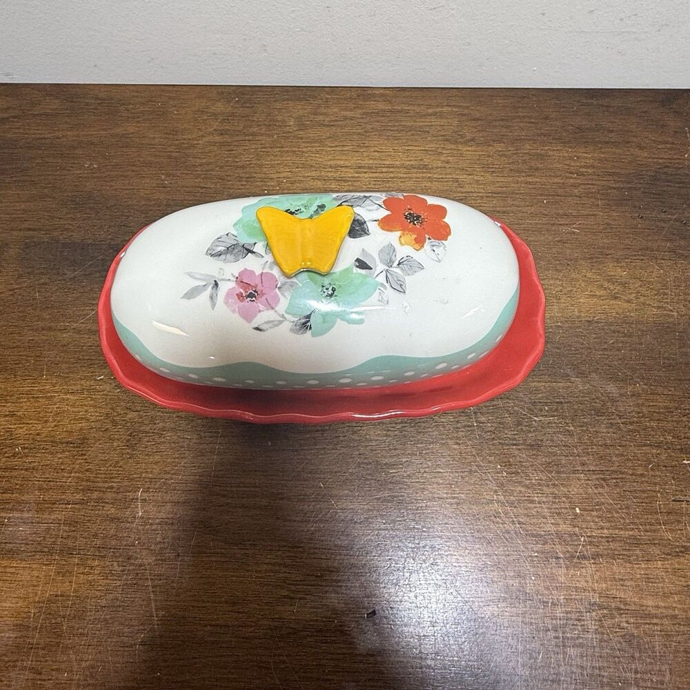 Pioneer Woman Flea Market Floral Red Covered Butter Dish Butterfly Handle 6.4" - Picture 3 of 8